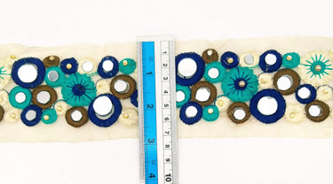Gold Sheer Tissue Fabric Trim With Blue And Off White Circles and Floral Embroidery With Mirror Embellishments, Indian Mirrored Trim